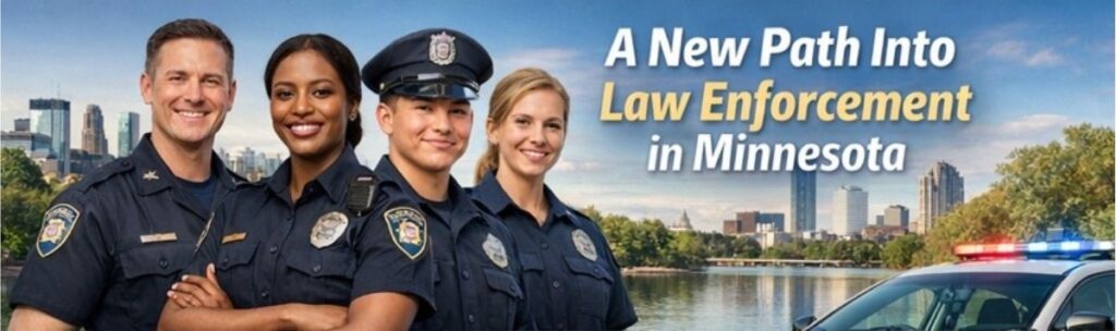 Diverse group of uniformed police officers standing together with a Minnesota city skyline in the background, representing new pathways into law enforcement careers.