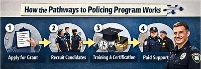 Step-by-step visual showing how the Pathways to Policing program works, including applying for grants, recruiting candidates, completing training and certification, and receiving paid support.