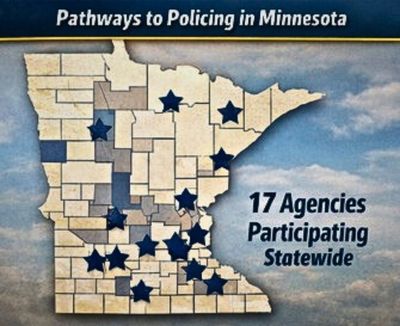 Map of Minnesota highlighting multiple law enforcement agencies participating statewide in the Pathways to Policing program.