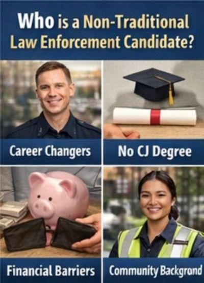 Graphic highlighting non-traditional law enforcement candidates including career changers, individuals without a criminal justice degree, people facing financial barriers, and community-focused applicants.
